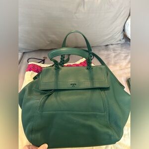 Tory Burch Green Pebbled Leather Tote with Braided Handles